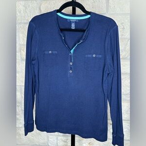 Chaps Henley Size Large Top Navy with Light Blue Trim Snap Front